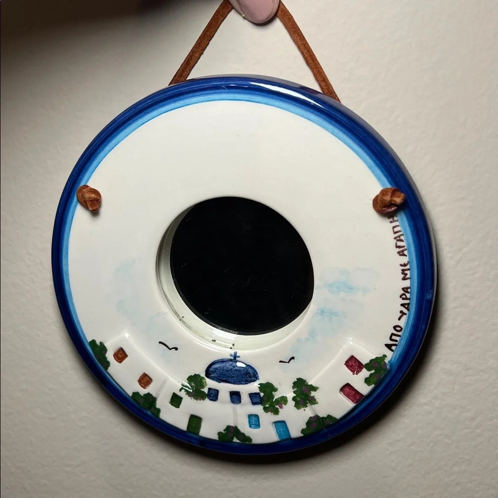 VTG Handpainted Greek Pottery Greece Mykonos Santorini Round Accent Wall Mirror